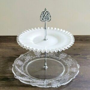 Mismatched Vintage 2-Tiered Glass Dessert Stand Fenton Silver Crest & Heisey